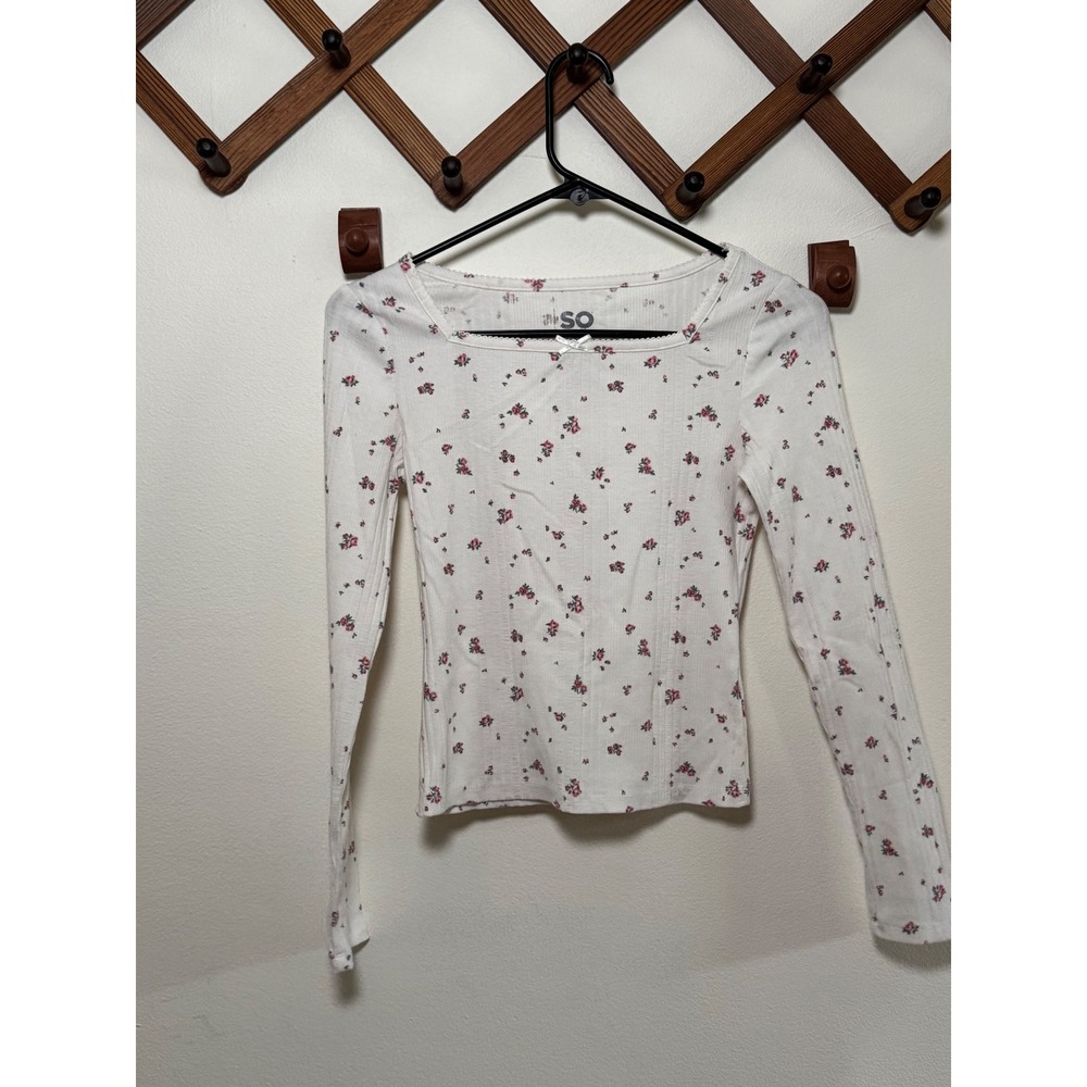 SO Floral Rib Knit Square Neck Long Sleeve Top White Pink Bow Lace Trim Large